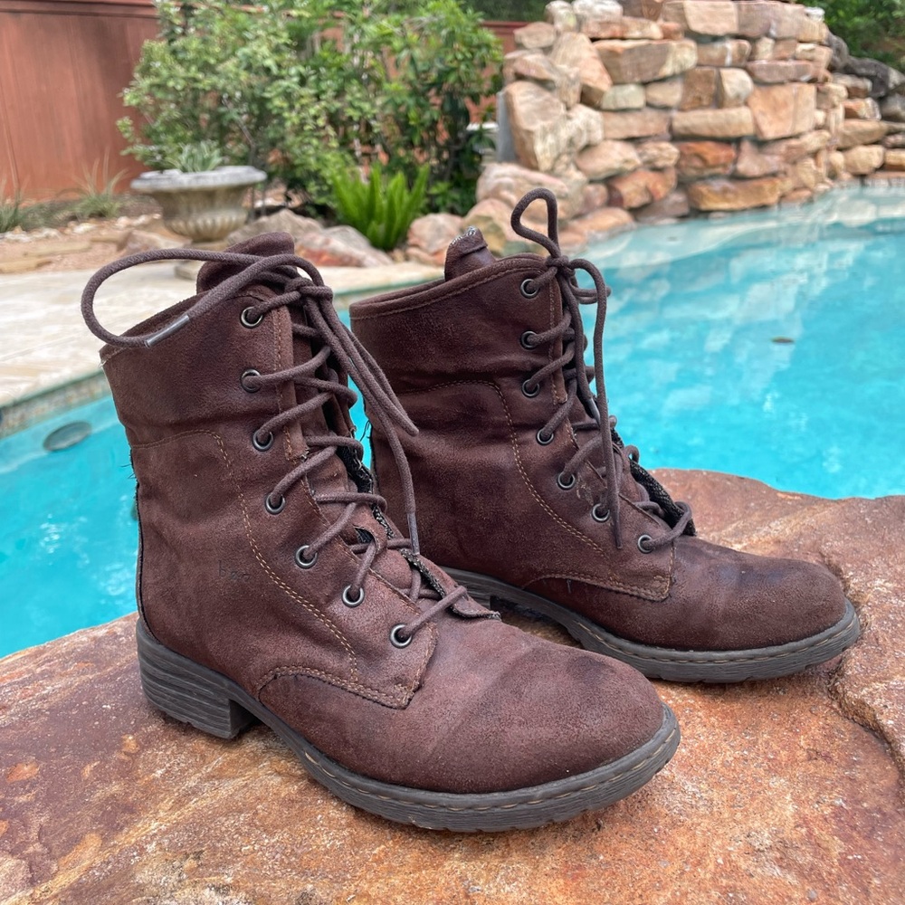 b.o.c. Bristol Brown Vegan Leather Lace-Up Flannel Foldable Cuffs Booties (TSE)